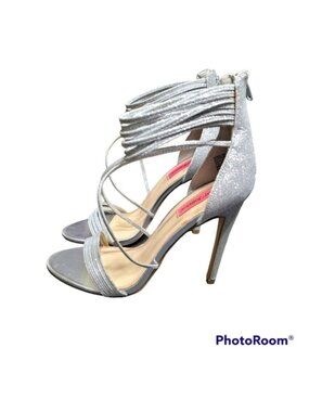 Betsey Johnson Kora Silver Sparkly Strappy Open Toe Zipper Back Heels 8M‎